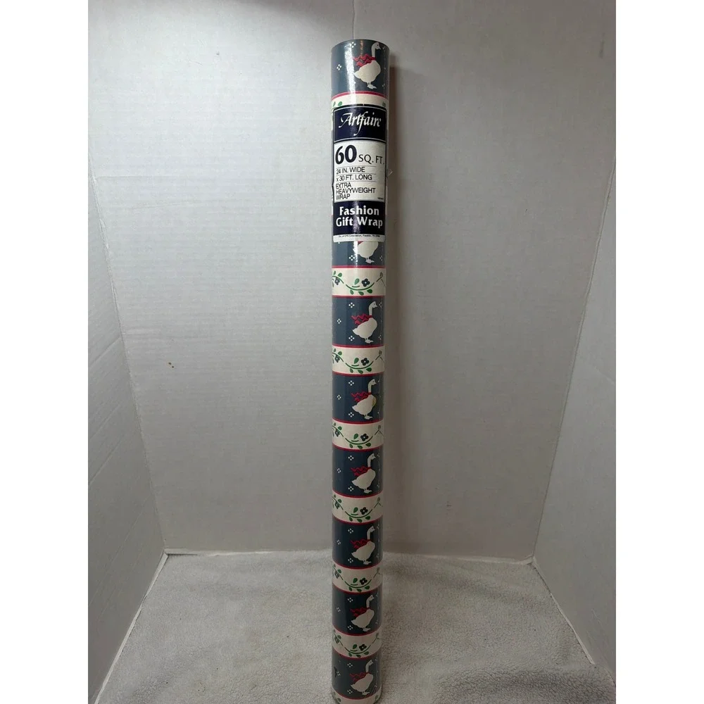 RARE VTG Artfaire Gift Wrap Blue Country Goose Heavyweight 60 Sq Ft Roll Cottage
